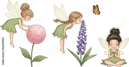 Watercolor composition with floral meadow, delicate abstract flowers and cute fairies, isolated horizontal border for cover or wallpapers, mural for childish room. 