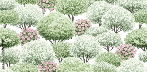 Watercolor seamless pattern of tree crowns and blossom bushes. Green floral illustration for textile, wallpapers or nature background.