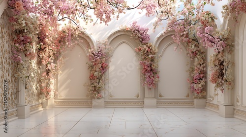 3D digital backdrop photo, floor-to-ceiling wall with floral arches and flowers, white walls with pink floral patterns, light beige floor tiles, soft lighting, romantic, pastel .