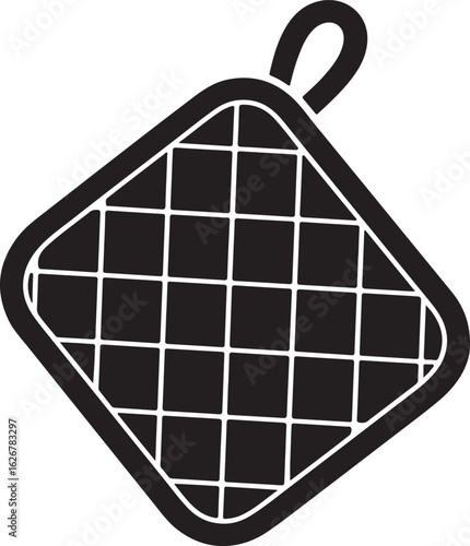 A simple black and white hand drawn silhouette of a quilted pot holder with a loop for hanging silhouette