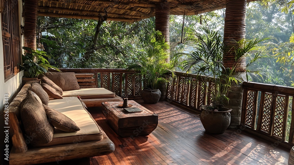 Fototapeta premium A eco hotel balcony in a traditional Indian style, featuring flooring made from reclaimed teak wood, intricate railings crafted from locally sourced bamboo and comfortable low .