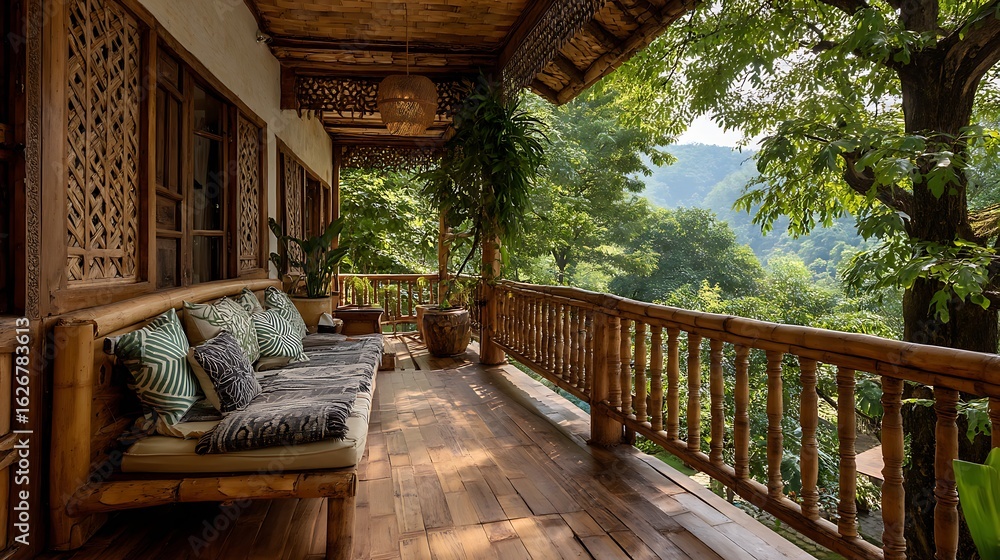 Obraz premium A eco hotel balcony in a traditional Indian style, featuring flooring made from reclaimed teak wood, intricate railings crafted from locally sourced bamboo and comfortable low .