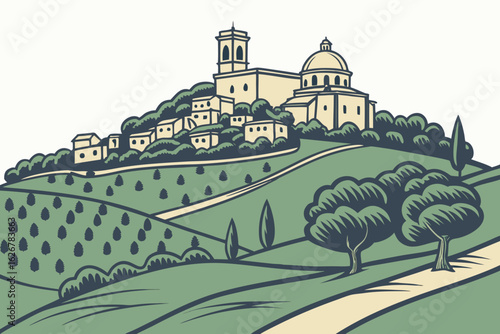 Montefrío in Granada stuns with its hilltop church and castle rising above rolling olive groves and whitewashed homes, modern flat illustration style.