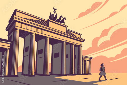 Stroll past the Brandenburg Gate in Berlin, its neoclassical columns glowing in soft sunset light beneath a warm sky, modern flat illustration style.