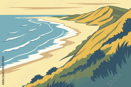 Sunlit view stretches from tall dune over the sparkling blue North Sea, waves crashing gently on the shore, modern flat illustration style.