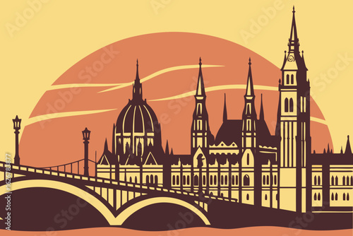 Sunset lights up detailed European skyline with towers, bridges, and rooftops silhouetted against golden sky, modern flat illustration style.
