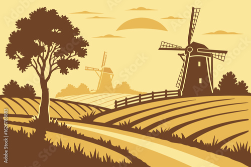 Sun sets behind windmills and fields in Dutch countryside, casting long shadows over the golden polder, modern flat illustration style.