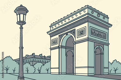 Timeless charm of the Arc de Triomphe captured with perfect clarity under a clear Parisian sky in daytime stillness, modern flat illustration style.