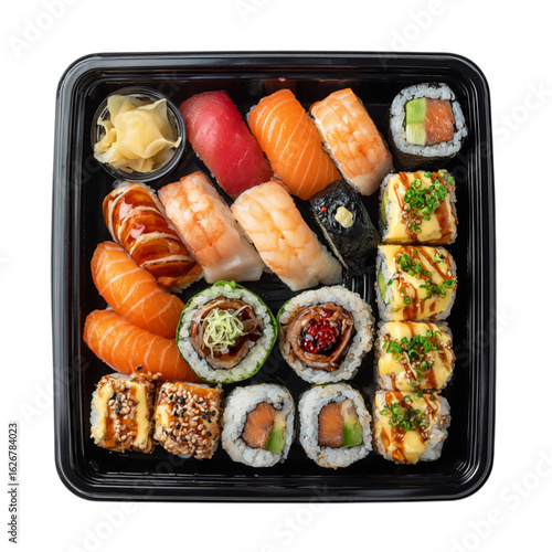 Wallpaper Mural Variety of sushi in plain black plastic top view on transparent background Torontodigital.ca