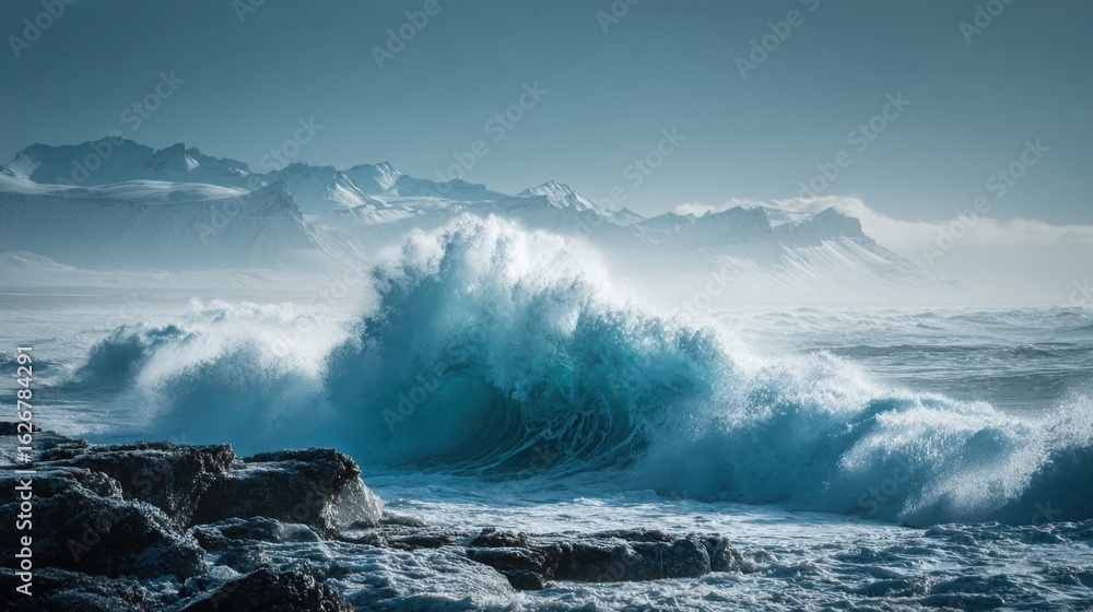 Fototapeta Powerful ocean wave crashing against rugged rocky shoreline under a moody sky