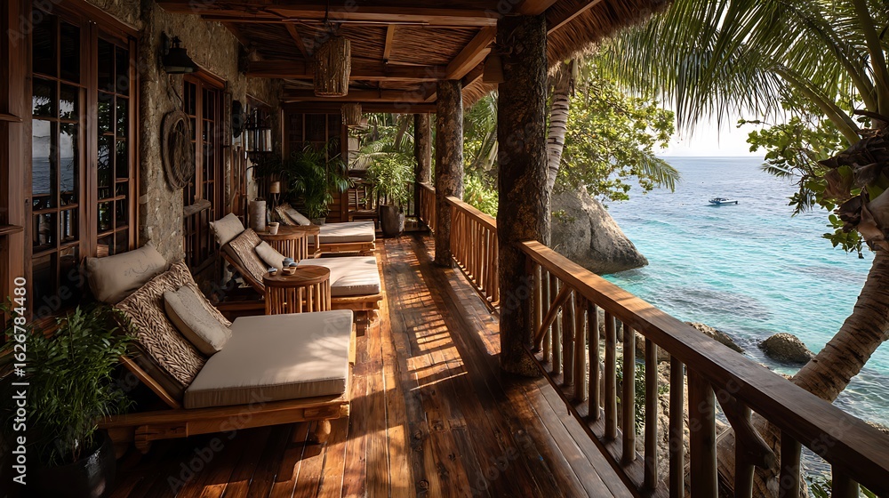Fototapeta premium A hotel balcony reflecting the coastal beauty of the Philippines, featuring a floor made of reclaimed wood, wooden railings and comfortable lounge chairs with cushions made from .