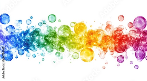 Rainbow colored, translucent bubbles flowing horizontally across a white background