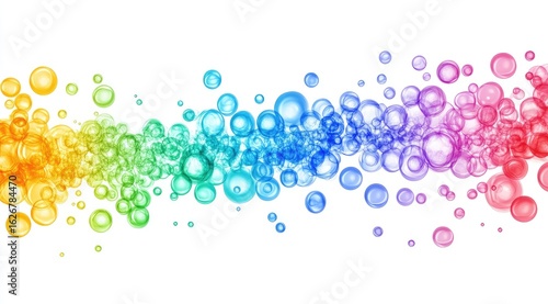 Colorful, rainbow-hued bubbles stream across a white background