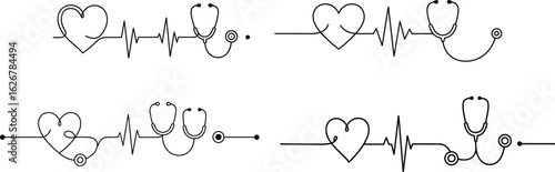 Medical Heartbeat Line with Stethoscope and Heart Vector Set – Nurse and Doctor SVG Design Elements