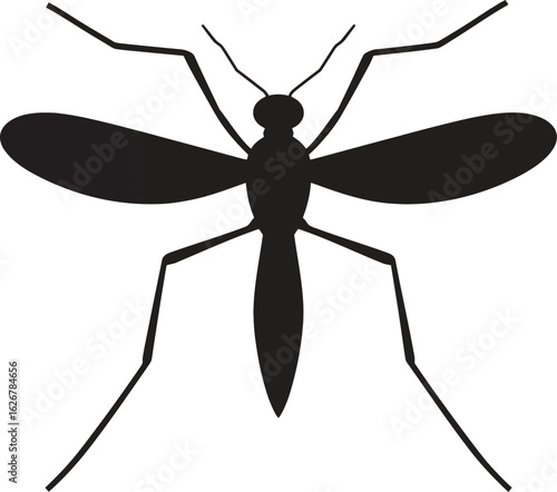 Vector art of silhouette of a mosquito with wings and long legs representing a pest insect that can transmit diseases