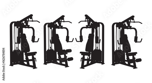 Multiple gym machines in a row silhouette