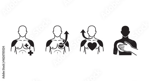 Human anatomy icons showing chest compressions and cpr steps silhouette