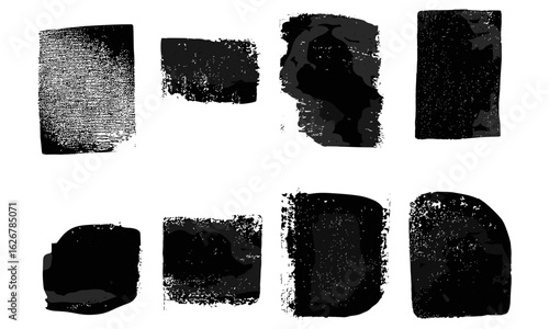 Distressed grunge geometric rectangle textures set featuring lino ink relief prints, rough aged surfaces, uneven black edges, paint roller stains, hand-printed vintage frames