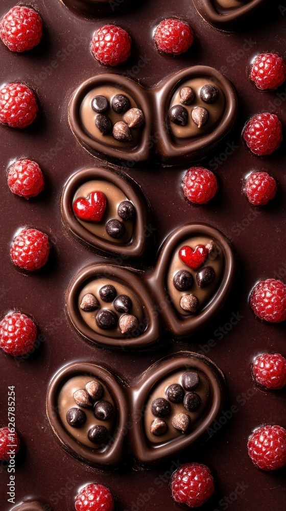 Fototapeta premium Exquisite heart shaped chocolates with raspberry accents offer a tempting sweet treat