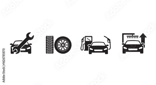 Car service icons showing repair tire fuel and wash silhouette