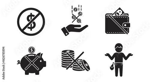 Financial hardship and money management concept icons silhouette