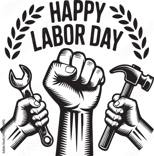 Strong Happy Labor Day Image Featuring Tools and a Powerful Fist a Symbol of Solidarity and Workers Rights