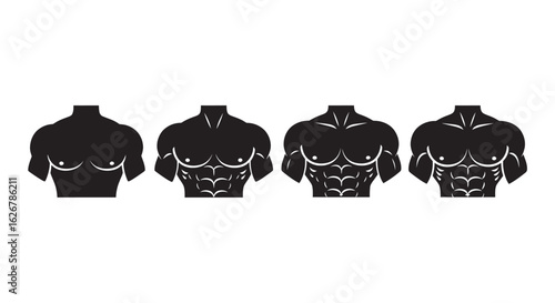 Four stages of male abdominal muscle definition silhouette