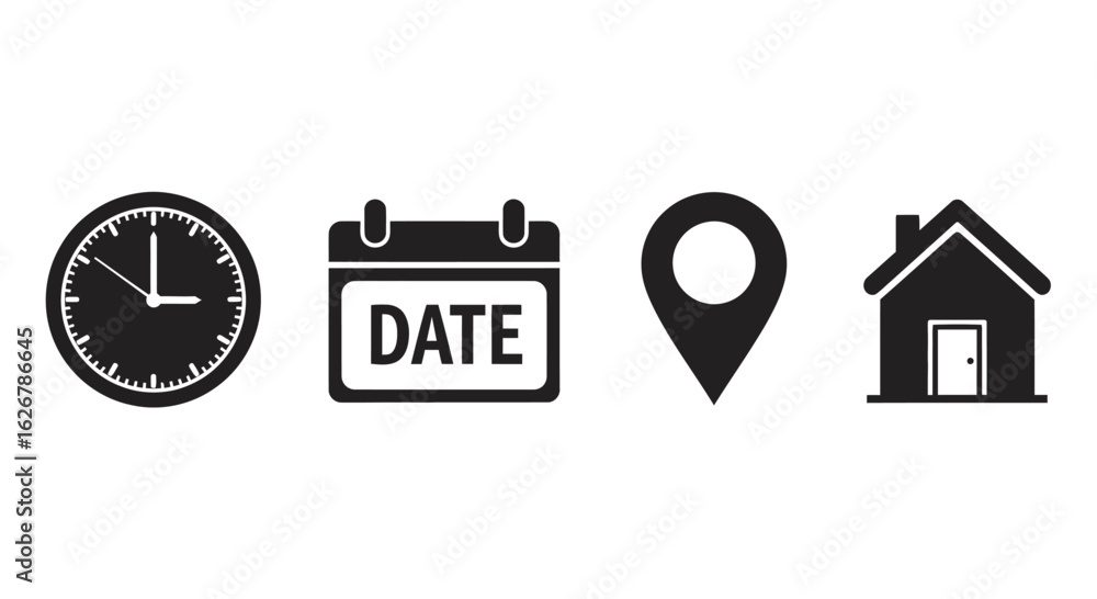 Collection of icons for time date location and home silhouette Collection of icons for time date location and home silhouette
