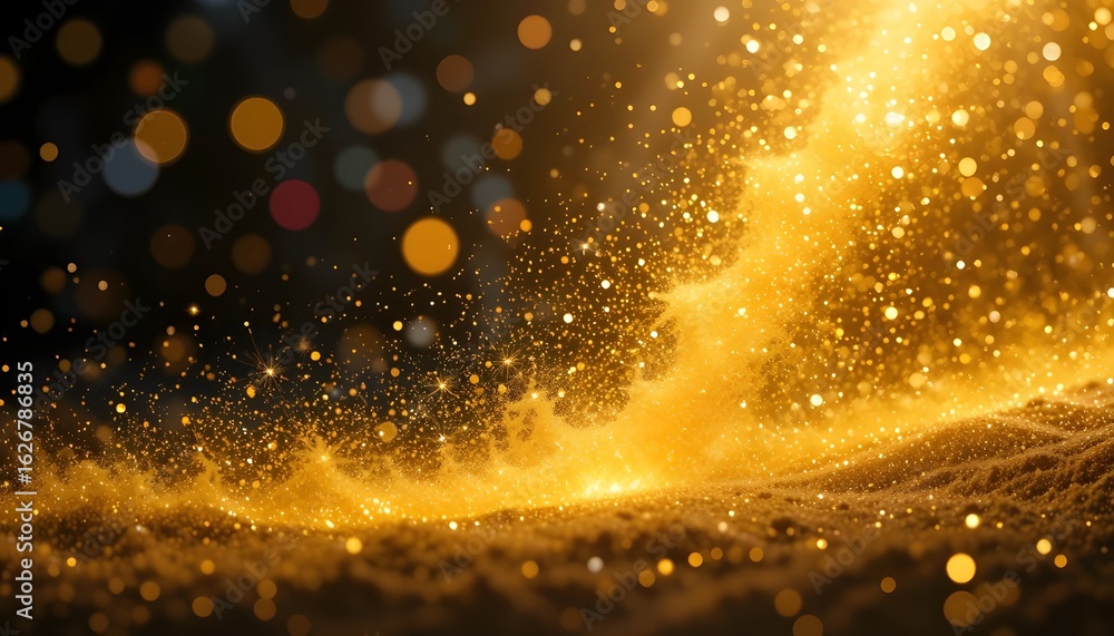 Fototapeta premium PNG bright particles and yellow dust glow on festive background, as each sparkle ignites a dust trail and shimmer reflects the light of golden dust PNG.