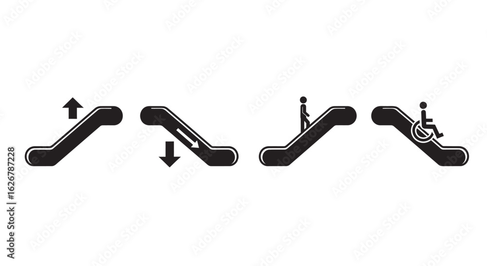 Fototapeta premium Set of escalator icons showing up down person and wheelchair silhouette