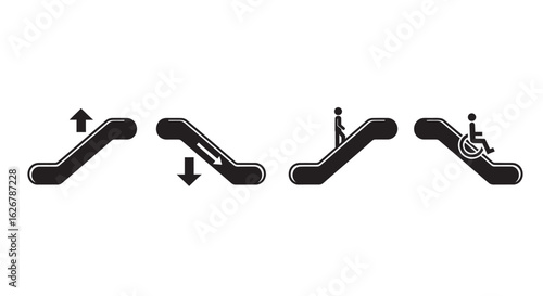 Set of escalator icons showing up down person and wheelchair silhouette