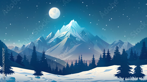 Winter Night with Full Moon and Snow-Covered Trees