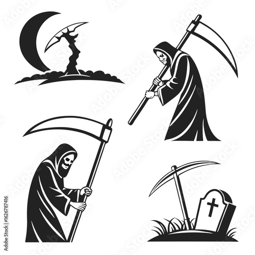Halloween icon set grim reaper scythe cracked