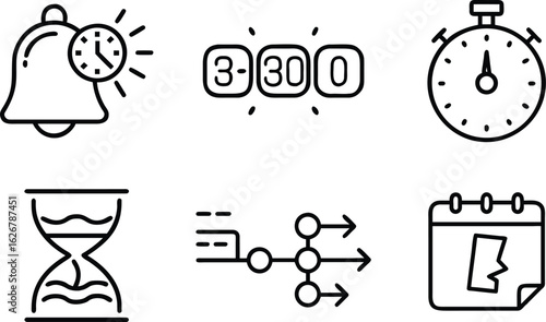 Minimal black line icons for time management including calendar, alarm, timer, and hourglass