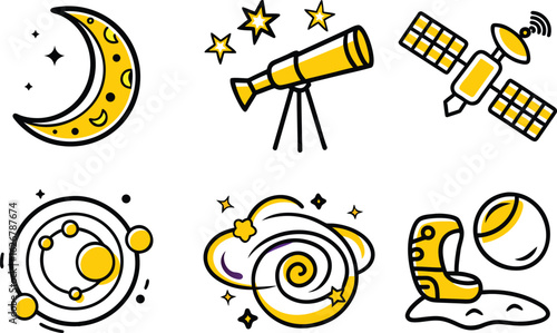 Astronomy and cosmic phenomenon icon set showing moon telescope satellite planetary systems galaxy base