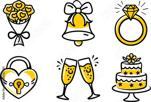 Celebration and romance icon set showing bouquet bell ring lock champagne cake illustrations