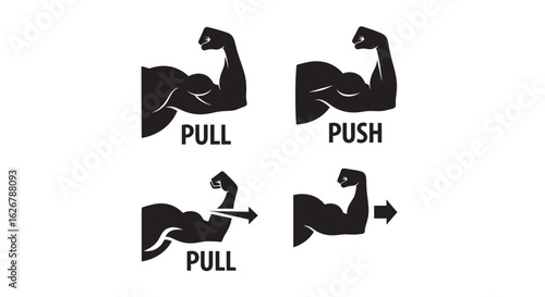 Biceps flexing with pull and push labels and arrows silhouette
