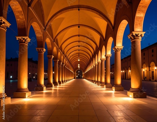 Grand colonnaded walkway at twilight