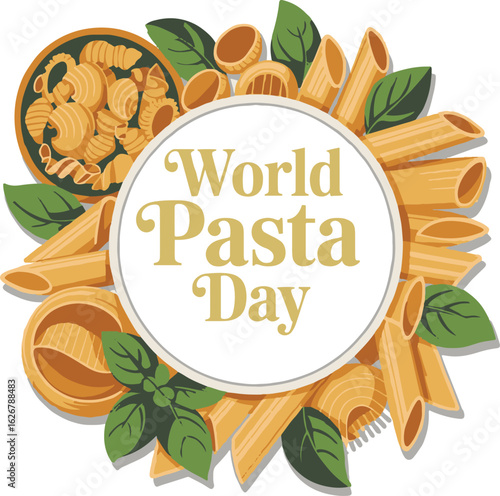 World Pasta Day Celebration A Delightful Feast of Pasta Shapes and Fresh Basil Leaves Around a White Circular Backdrop