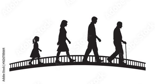 Family generational progression walking across bridge silhouette