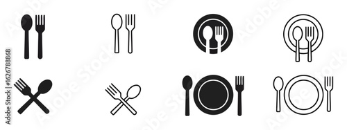 Menu Symbol icon set. Containing Fork, spoon, knife, plate, restaurant, catering and more icons. Vector illustration.