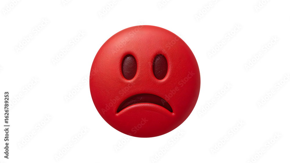 Obraz premium Red sad face emoji isolated on the transparent background, expression of disappointment and negative emotion, minimalist depressed mood icon