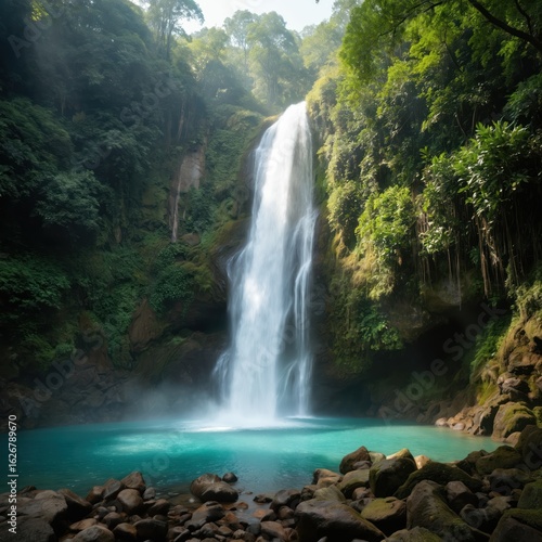 Rich waterfall cascades into turquoise pool surrounded by dense rainforest plants, mossy rocks. Mist rises from water, creating serene, natural oasis. Remote wilderness scene offers tranquility,