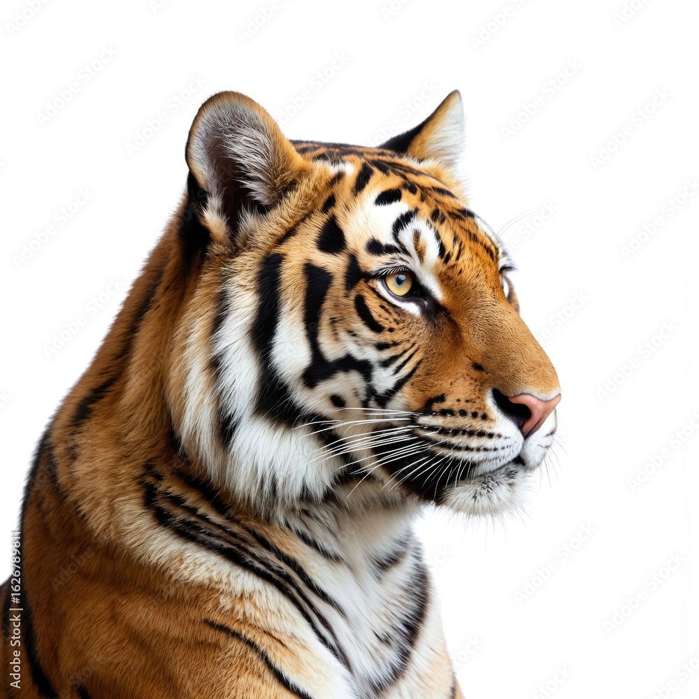 Fototapeta premium Close-up portrait of majestic tiger with intense gaze. Features vibrant orange fur, black stripes, piercing yellow eyes. Isolated on clean white background, powerful predator embodies wild nature,