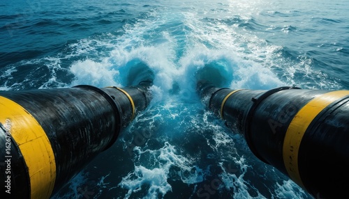 Two large, yellow, black striped hoses descend into vibrant blue ocean water. Heavy-duty pipes create turbulent wake, signifying industrial offshore operations, underwater infrastructure deployment.