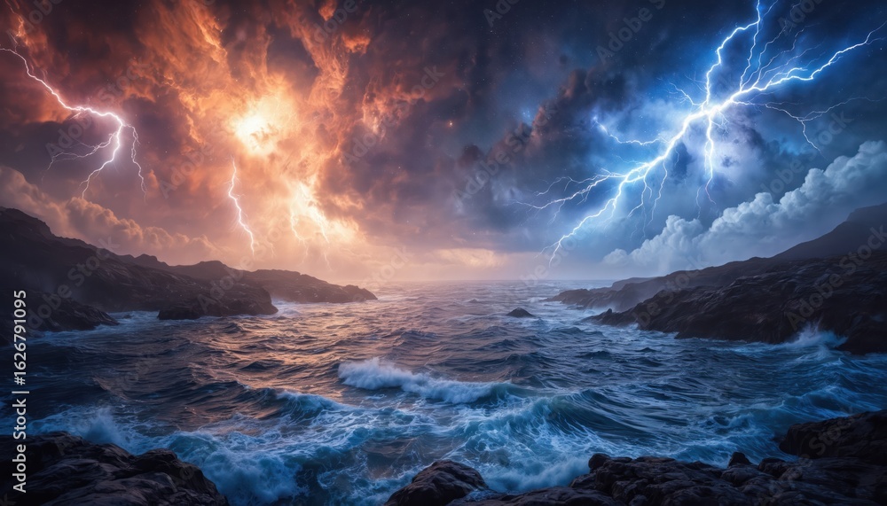 Naklejka premium Dramatic storm formation over vast ocean, with intense lightning bolts illuminating turbulent waves, rugged coastline. Fiery orange, deep blue clouds clash in sky, creating powerful display of nature