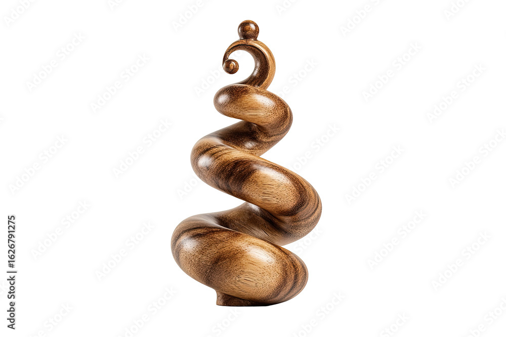 Spiral wooden sculpture, rich brown tones Spiral wooden sculpture, rich brown tones