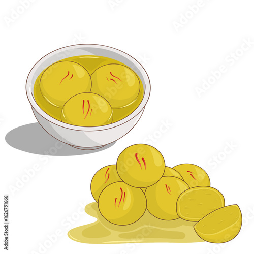 Vector illustration of Rajbhog, a traditional Indian dessert made of large, round sweet dumplings soaked in fragrant sugar syrup.