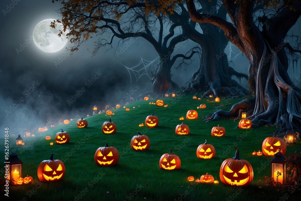 Fototapeta premium Halloween Wallpaper, Halloween Scene, spooky wallpaper, gothic Halloween wallpaper, horror background, jack o lantern, pumpkin wallpaper, ghost background