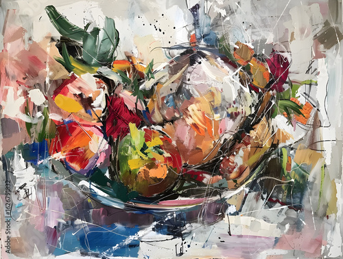 Abstract Painting of a Festive Fruit Basket